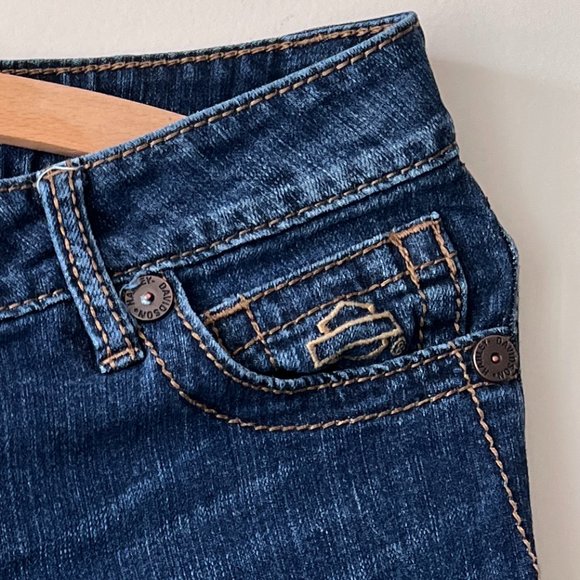 Gently Worn Harley-Davidson Jeans Low Rise Boot Cut Embroidered Y2K Medium Wash - Picture 3 of 15